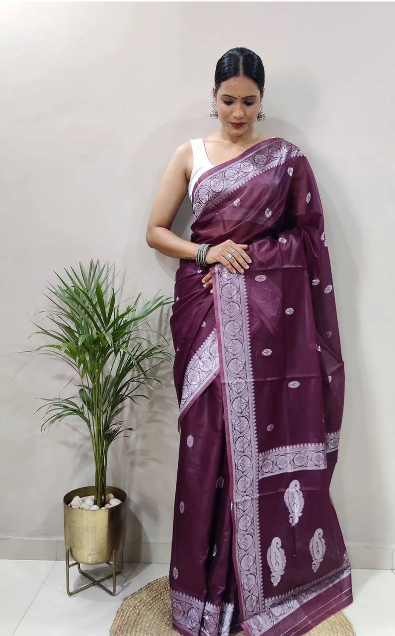 Royal Wine Premium Luxury Silk Saree with Elegant Silver Zari Border & Timeless Motif Weave