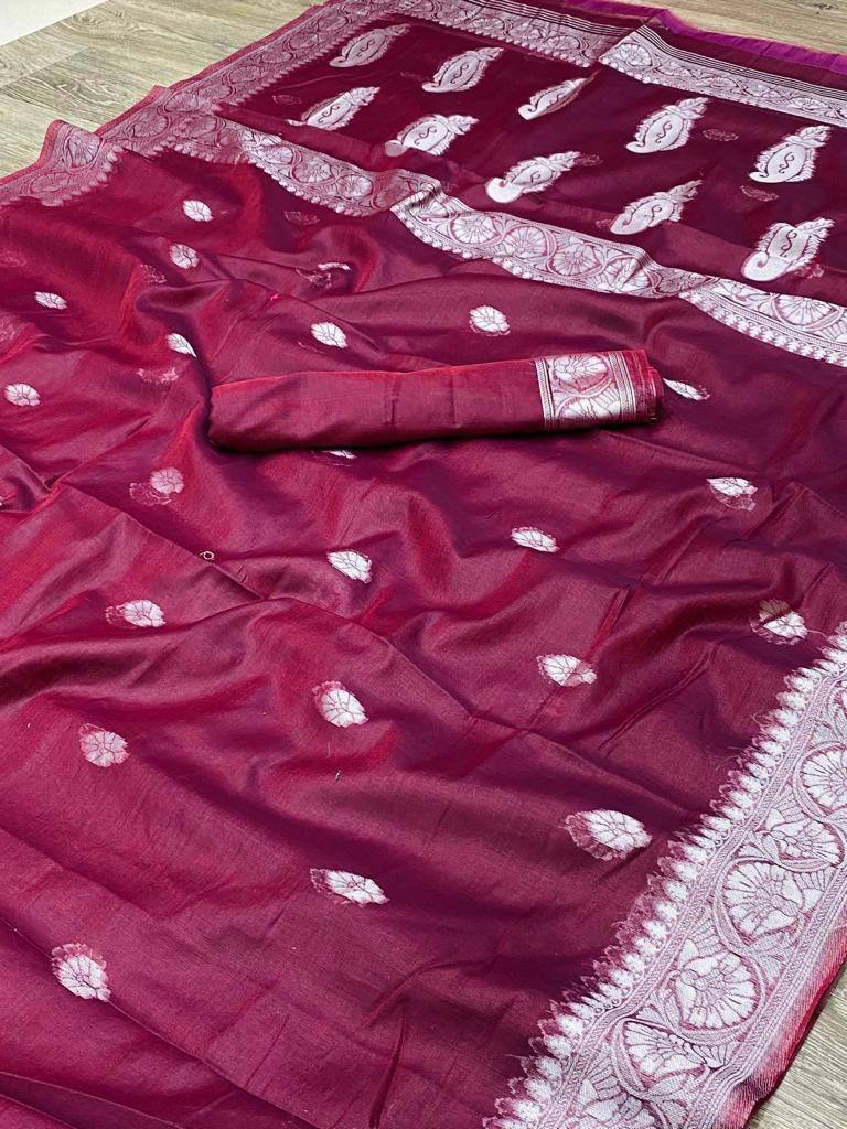 Royal Wine Premium Luxury Silk Saree with Elegant Silver Zari Border & Timeless Motif Weave