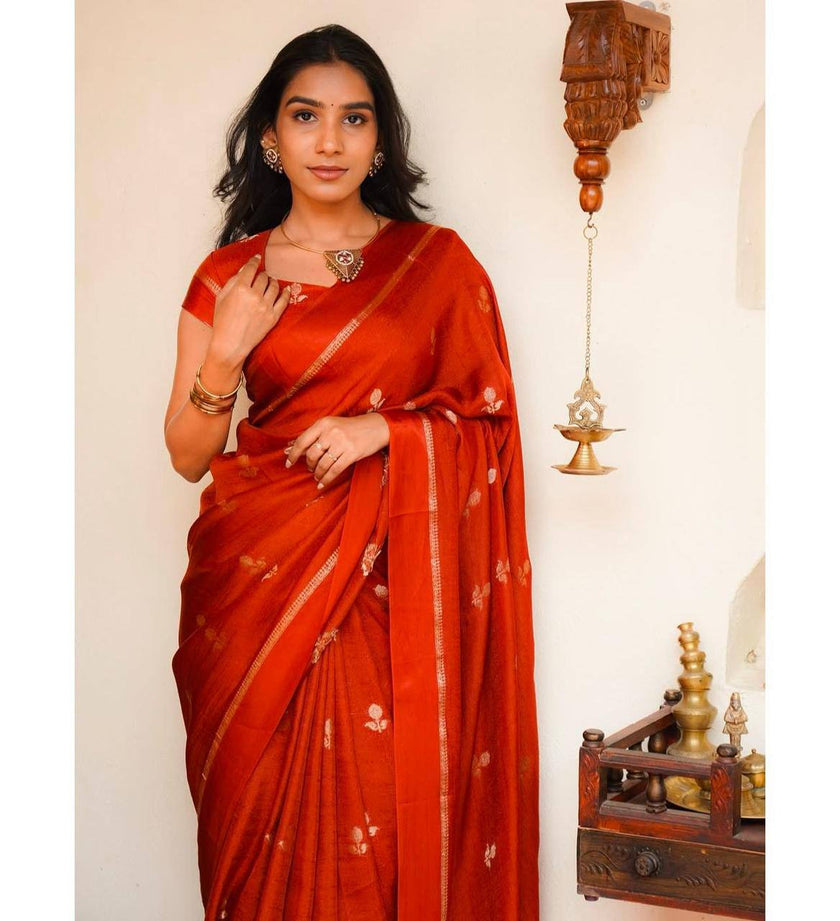 Burnt Orange Premium Luxury Silk Saree with Subtle Gold Zari Booti & Elegant Border