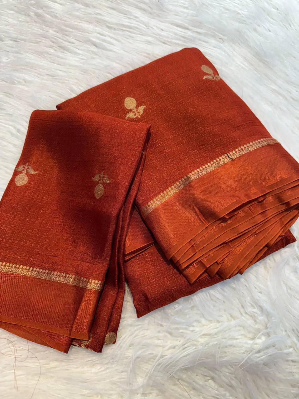 Burnt Orange Premium Luxury Silk Saree with Subtle Gold Zari Booti & Elegant Border