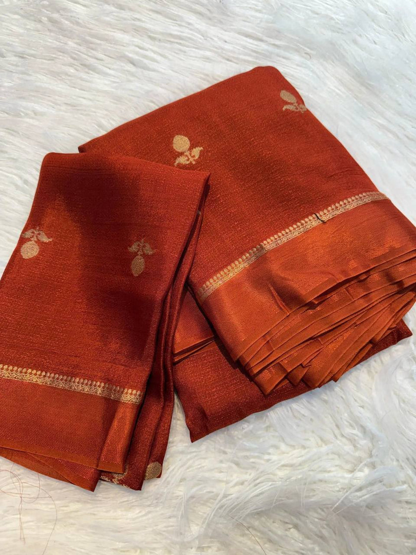 Burnt Orange Premium Luxury Silk Saree with Subtle Gold Zari Booti & Elegant Border