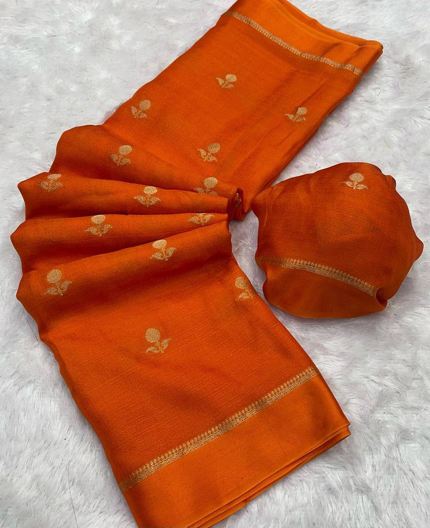 Burnt Orange Premium Luxury Silk Saree with Subtle Gold Zari Booti & Elegant Border