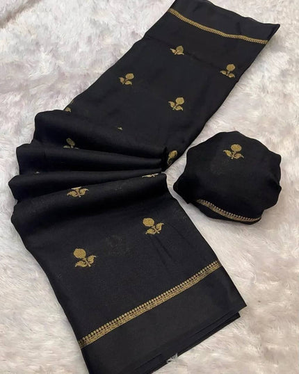 Classic Black Premium Luxury Silk Saree with Minimal Gold Zari Booti & Elegant Border