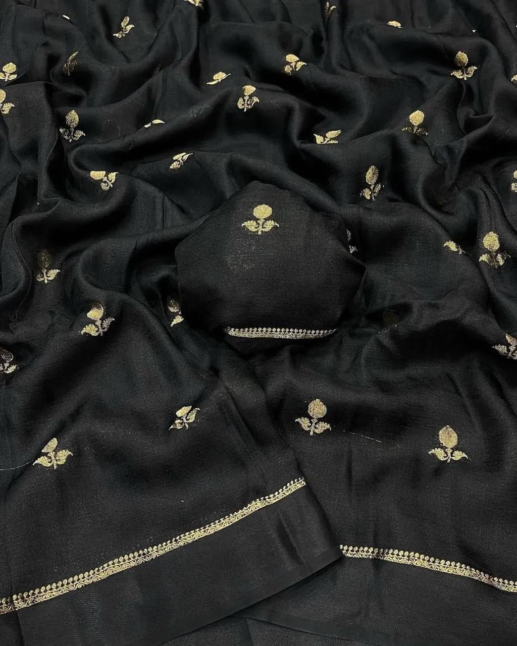 Classic Black Premium Luxury Silk Saree with Minimal Gold Zari Booti & Elegant Border