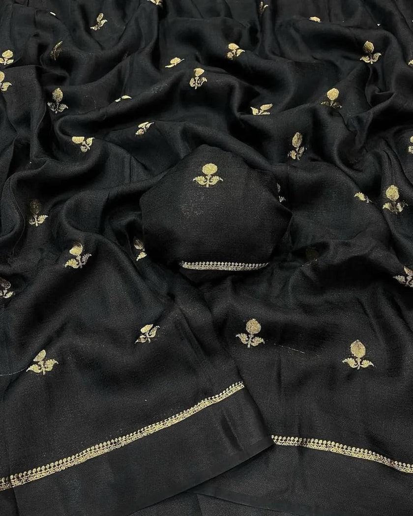 Classic Black Premium Luxury Silk Saree with Minimal Gold Zari Booti & Elegant Border