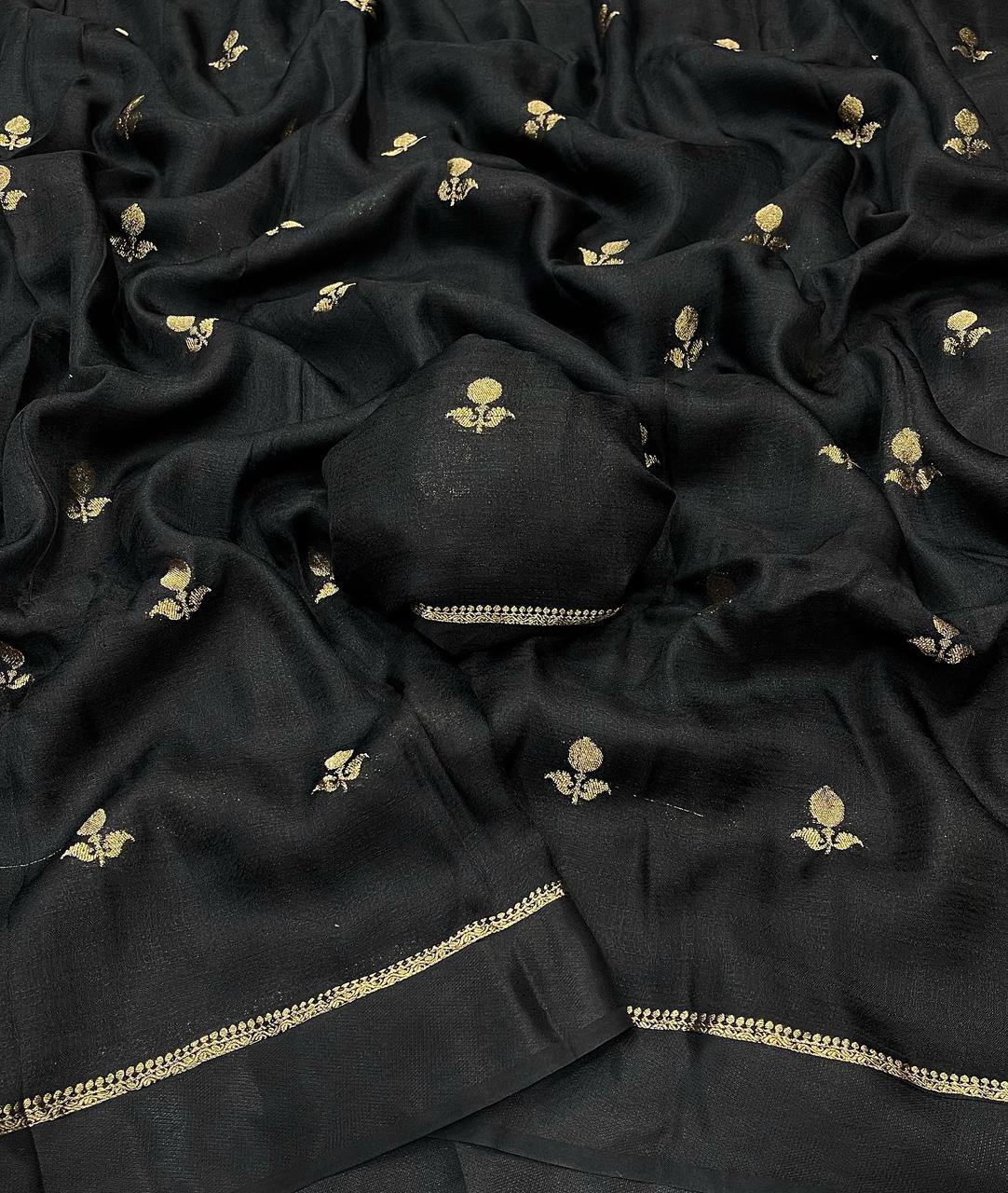 Classic Black Premium Luxury Silk Saree with Minimal Gold Zari Booti & Elegant Border