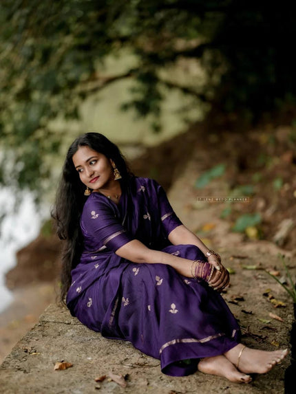 Royal Purple Premium Luxury Silk Saree with Subtle Gold Zari Booti & Classic Border