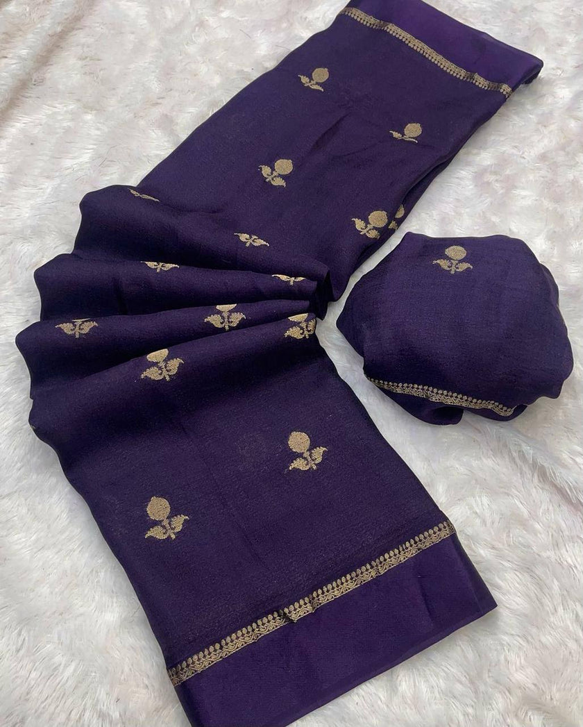Royal Purple Premium Luxury Silk Saree with Subtle Gold Zari Booti & Classic Border