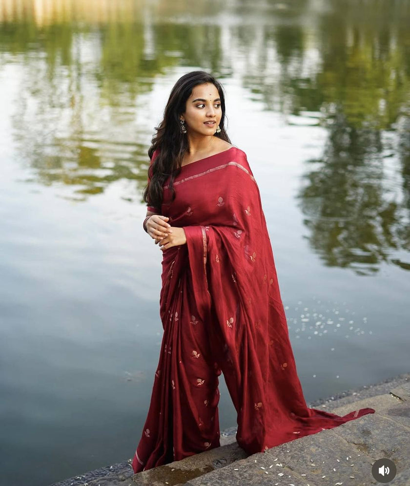 Imperial Maroon Premium Luxury Silk Saree with Subtle Gold Zari Booti & Elegant Border