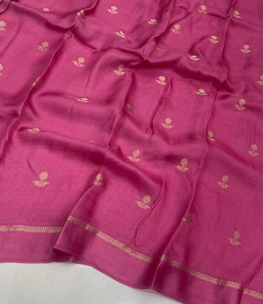 Ethereal Blush Pink Premium Luxury Silk Saree with Delicate Gold Zari Booti