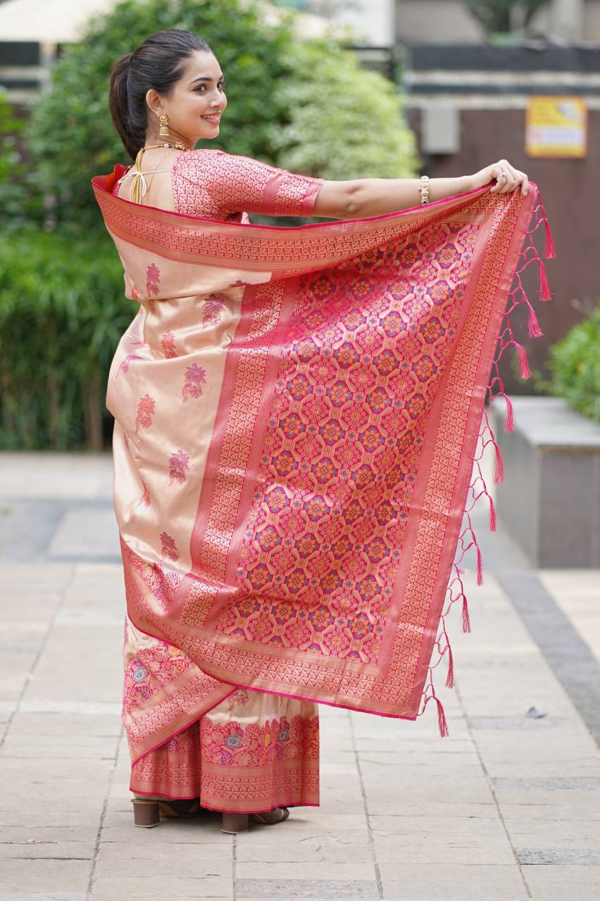 Champagne Gold Premium Luxury Silk Saree with Ruby Pink Zari Border & Intricate Banarasi Pallu