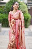 Champagne Gold Premium Luxury Silk Saree with Ruby Pink Zari Border & Intricate Banarasi Pallu