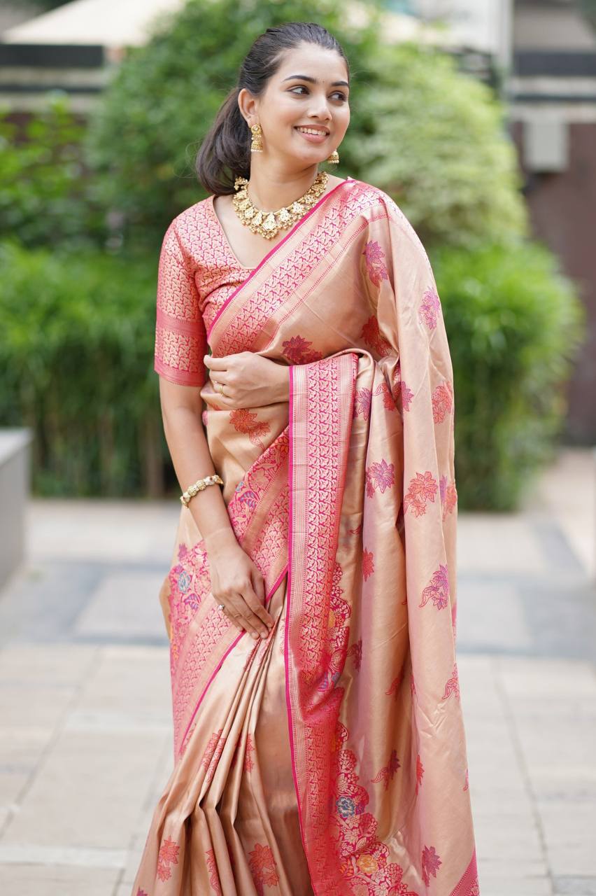 Champagne Gold Premium Luxury Silk Saree with Ruby Pink Zari Border & Intricate Banarasi Pallu