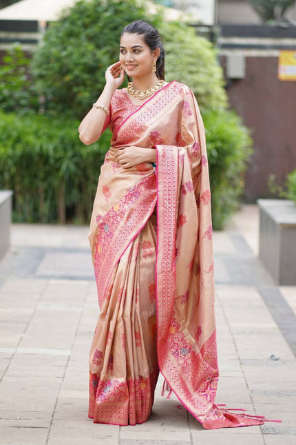 Champagne Gold Premium Luxury Silk Saree with Ruby Pink Zari Border & Intricate Banarasi Pallu