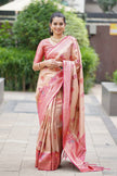 Champagne Gold Premium Luxury Silk Saree with Ruby Pink Zari Border & Intricate Banarasi Pallu