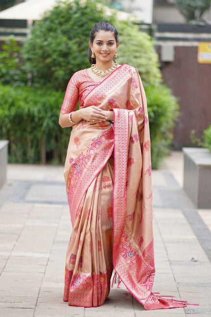Champagne Gold Premium Luxury Silk Saree with Ruby Pink Zari Border & Intricate Banarasi Pallu