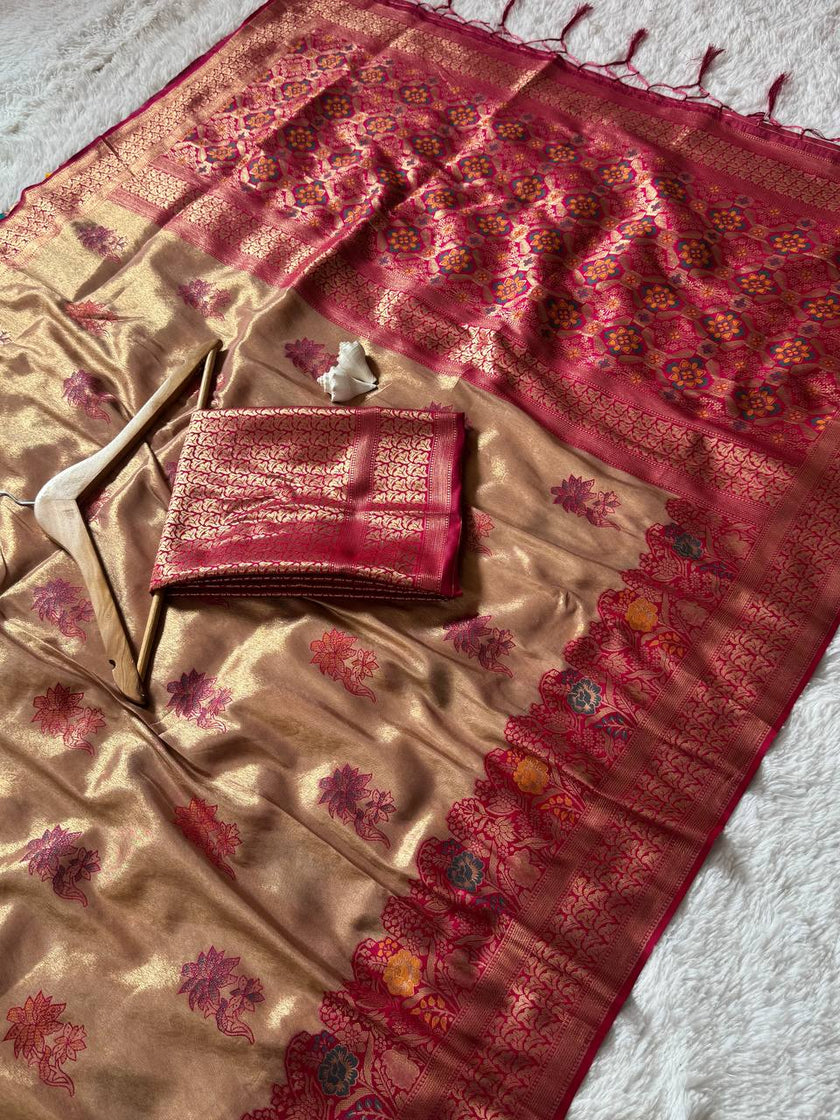 Champagne Gold Premium Luxury Silk Saree with Ruby Pink Zari Border & Intricate Banarasi Pallu