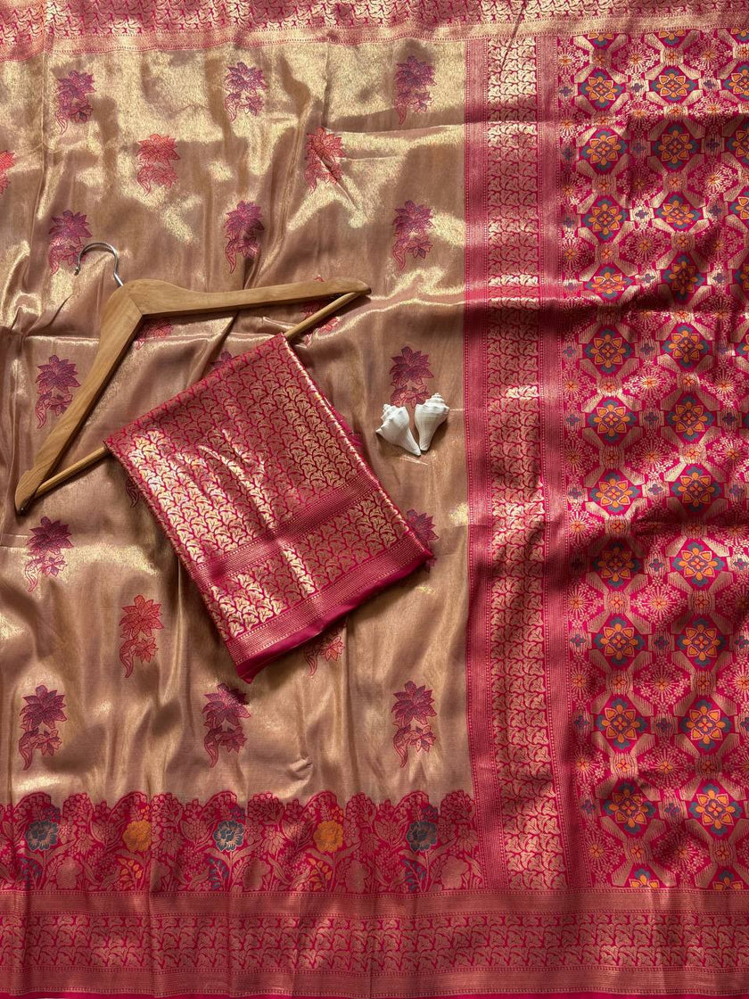 Champagne Gold Premium Luxury Silk Saree with Ruby Pink Zari Border & Intricate Banarasi Pallu