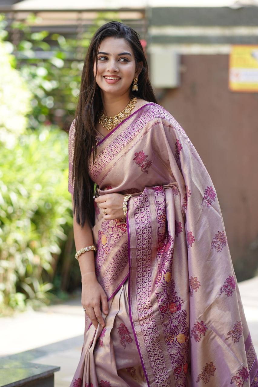 Antique Champagne Gold Luxury Silk Saree with Royal Wine Zari Border & Grand Banarasi Pallu