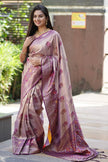 Antique Champagne Gold Luxury Silk Saree with Royal Wine Zari Border & Grand Banarasi Pallu