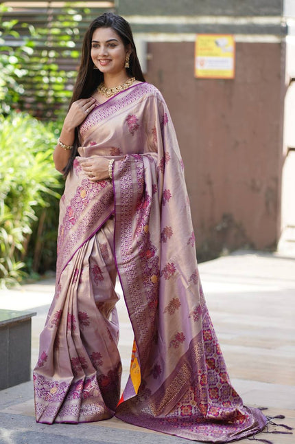 Antique Champagne Gold Luxury Silk Saree with Royal Wine Zari Border & Grand Banarasi Pallu