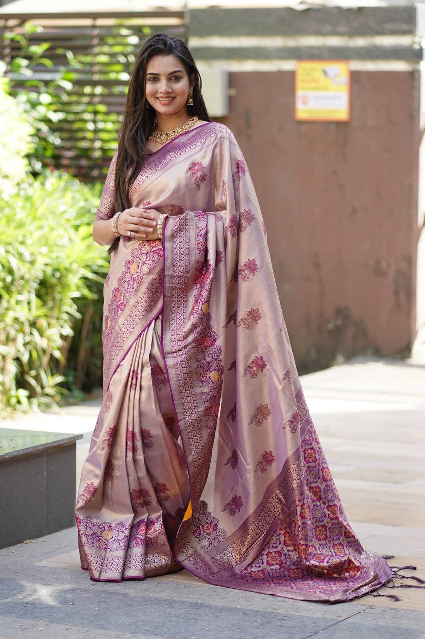 Antique Champagne Gold Luxury Silk Saree with Royal Wine Zari Border & Grand Banarasi Pallu