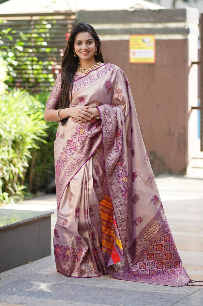 Antique Champagne Gold Luxury Silk Saree with Royal Wine Zari Border & Grand Banarasi Pallu