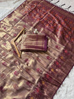 Antique Champagne Gold Luxury Silk Saree with Royal Wine Zari Border & Grand Banarasi Pallu