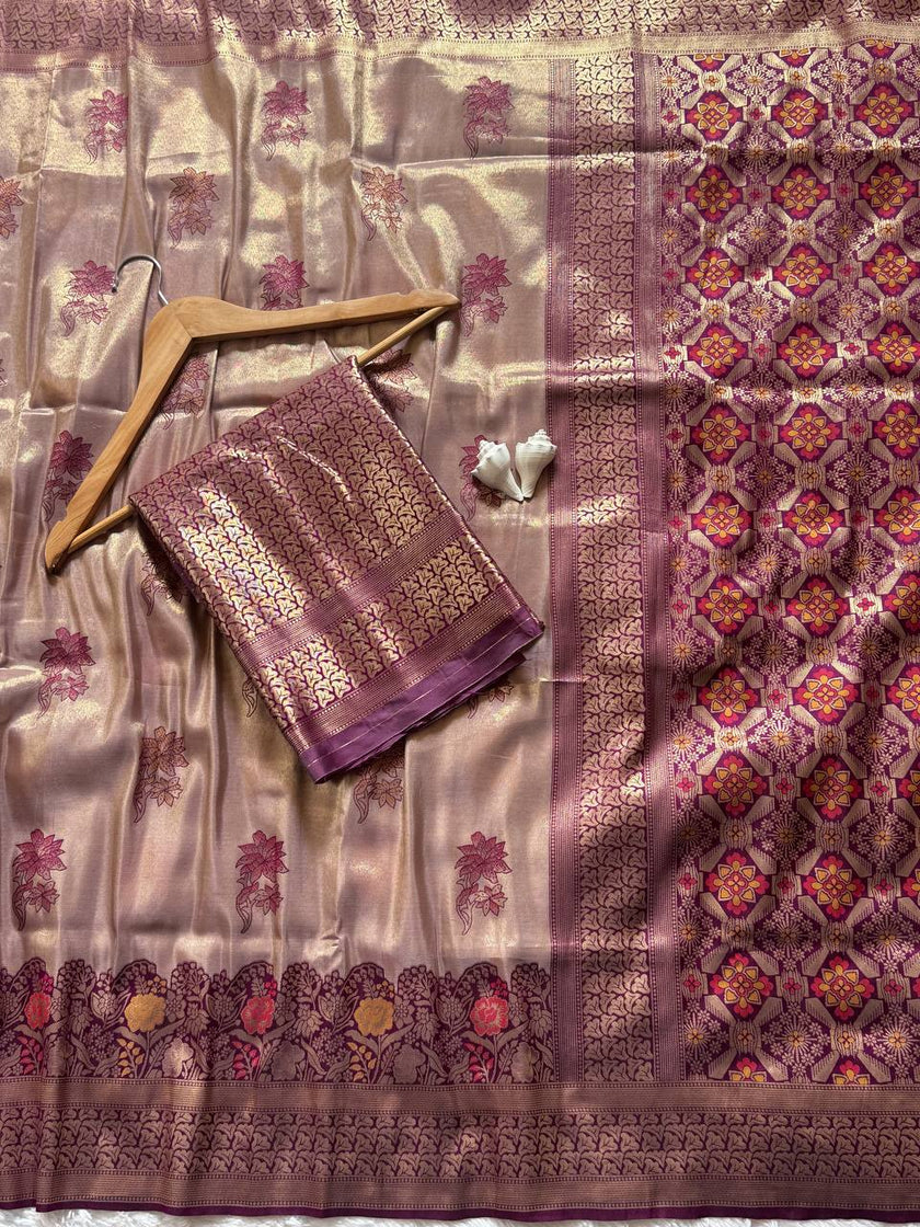 Antique Champagne Gold Luxury Silk Saree with Royal Wine Zari Border & Grand Banarasi Pallu