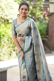 Antique Silver Grey Luxury Silk Saree with Teal Banarasi Border & Grand Geometric Pallu