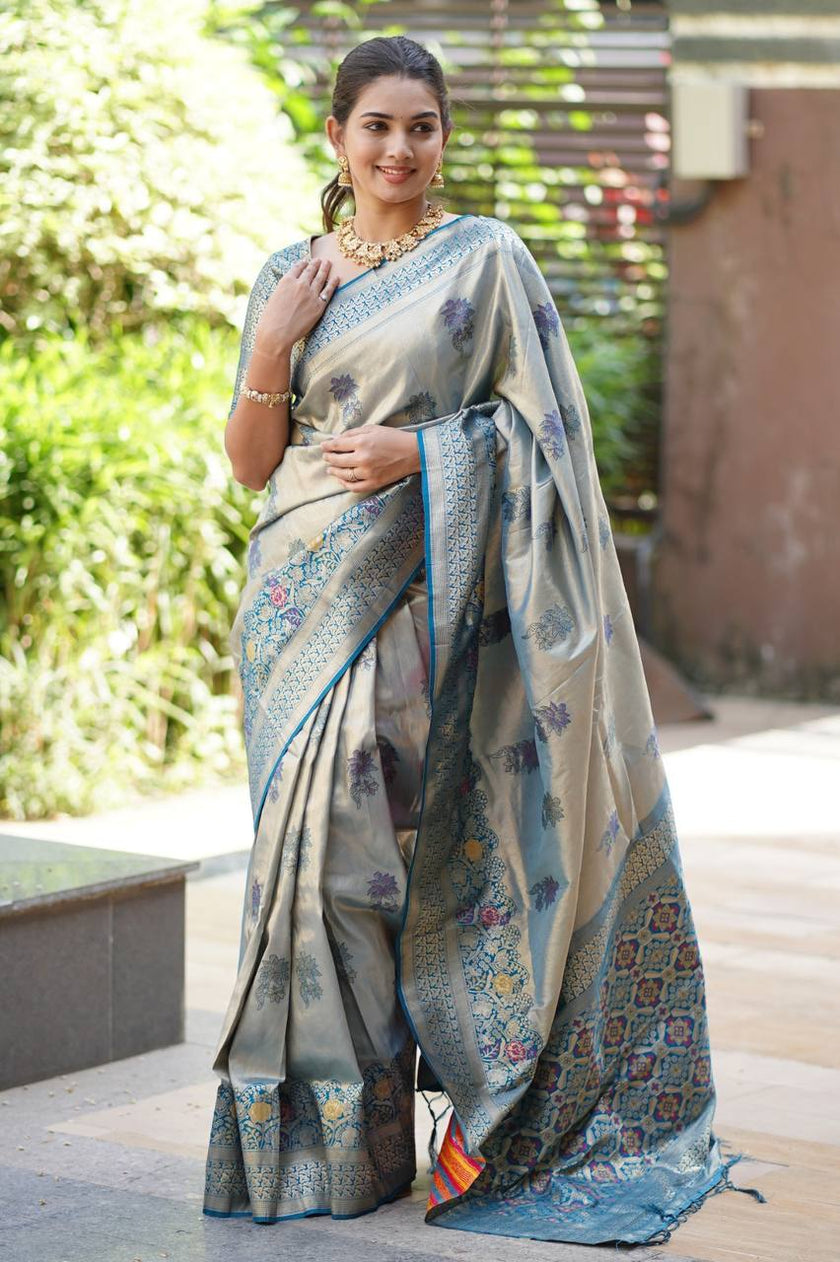 Antique Silver Grey Luxury Silk Saree with Teal Banarasi Border & Grand Geometric Pallu