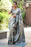 Antique Silver Grey Luxury Silk Saree with Teal Banarasi Border & Grand Geometric Pallu
