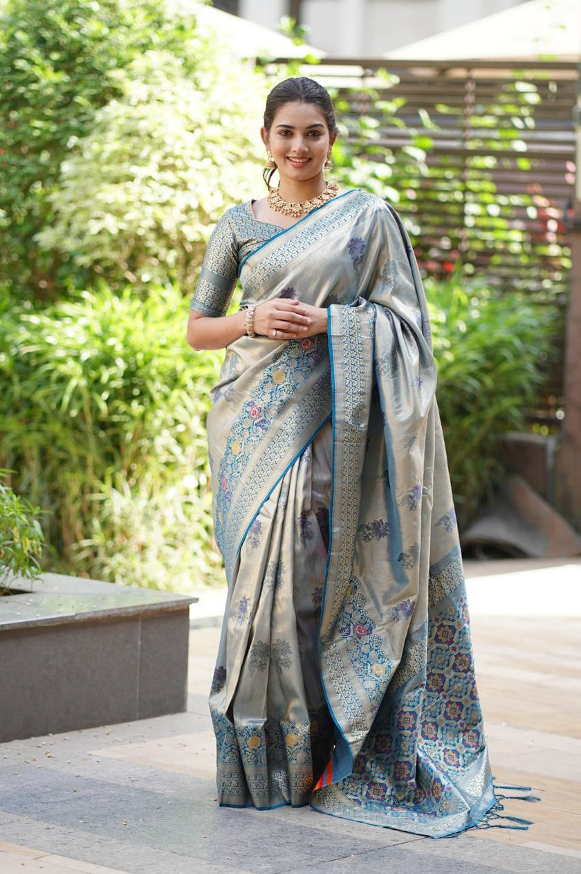 Antique Silver Grey Luxury Silk Saree with Teal Banarasi Border & Grand Geometric Pallu
