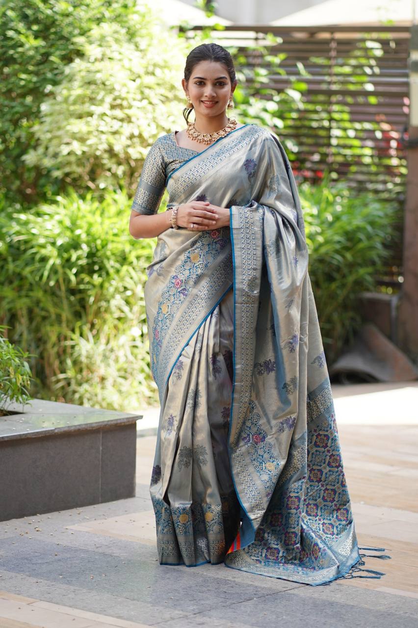 Antique Silver Grey Luxury Silk Saree with Teal Banarasi Border & Grand Geometric Pallu