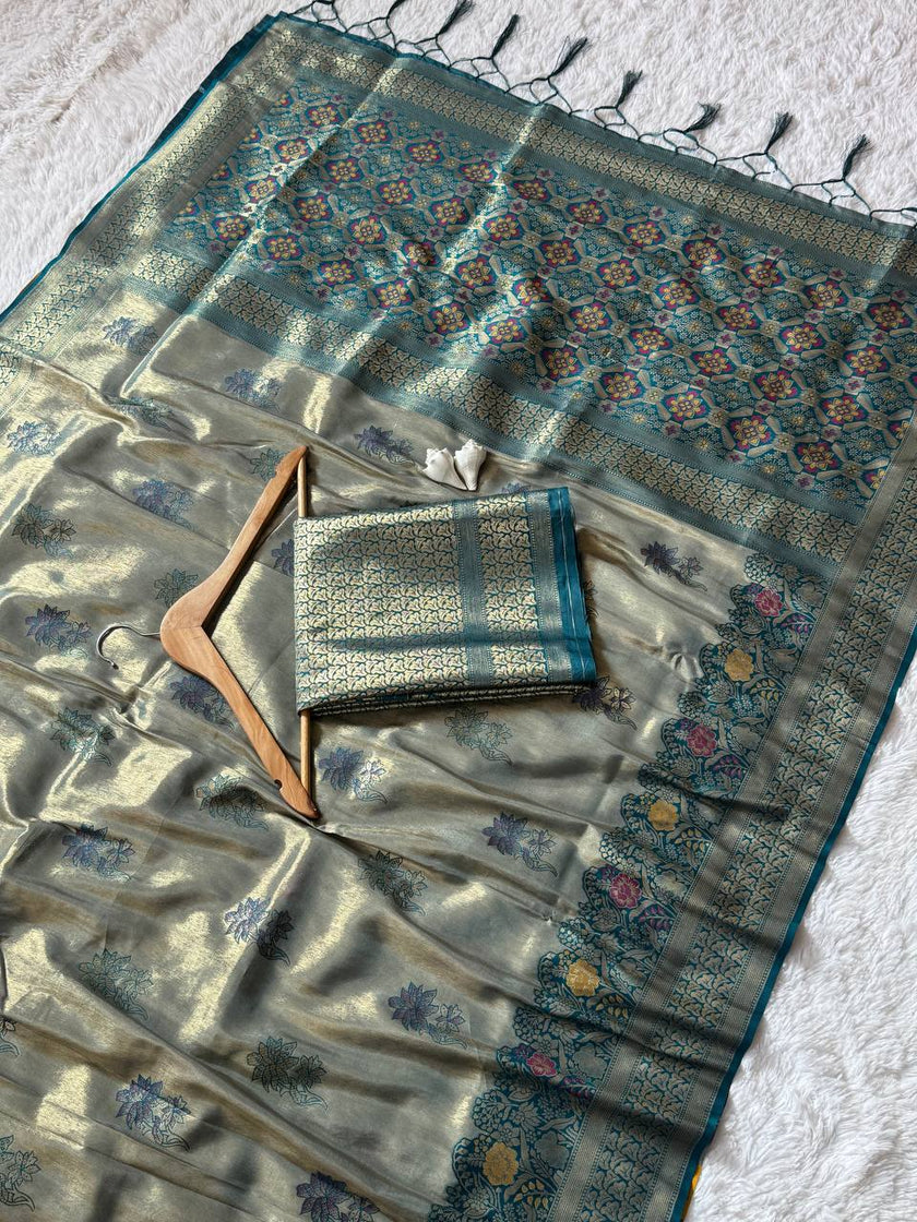 Antique Silver Grey Luxury Silk Saree with Teal Banarasi Border & Grand Geometric Pallu