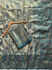 Antique Silver Grey Luxury Silk Saree with Teal Banarasi Border & Grand Geometric Pallu