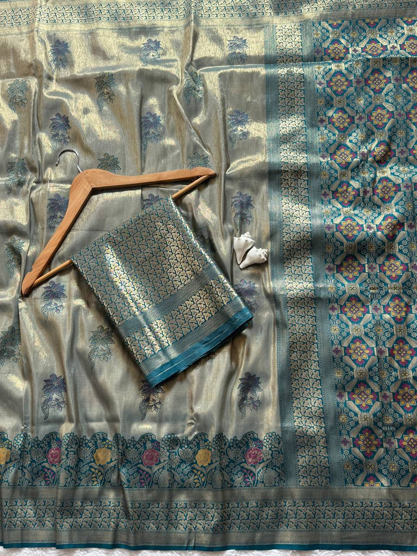 Antique Silver Grey Luxury Silk Saree with Teal Banarasi Border & Grand Geometric Pallu