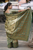 Antique Gold Olive Luxury Silk Saree with Emerald Green Banarasi Border & Grand Geometric Pallu