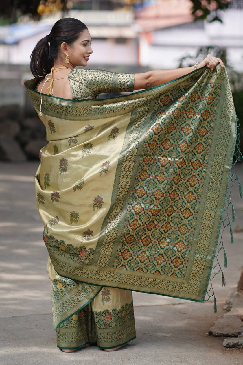 Antique Gold Olive Luxury Silk Saree with Emerald Green Banarasi Border & Grand Geometric Pallu
