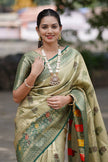 Antique Gold Olive Luxury Silk Saree with Emerald Green Banarasi Border & Grand Geometric Pallu