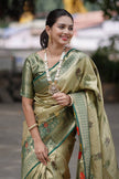 Antique Gold Olive Luxury Silk Saree with Emerald Green Banarasi Border & Grand Geometric Pallu