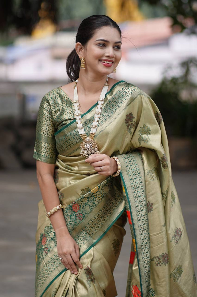 Antique Gold Olive Luxury Silk Saree with Emerald Green Banarasi Border & Grand Geometric Pallu