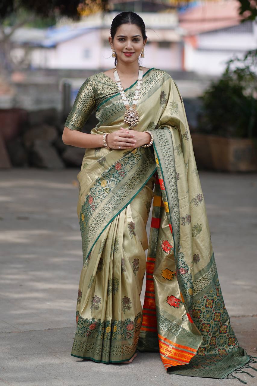 Antique Gold Olive Luxury Silk Saree with Emerald Green Banarasi Border & Grand Geometric Pallu