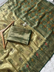 Antique Gold Olive Luxury Silk Saree with Emerald Green Banarasi Border & Grand Geometric Pallu