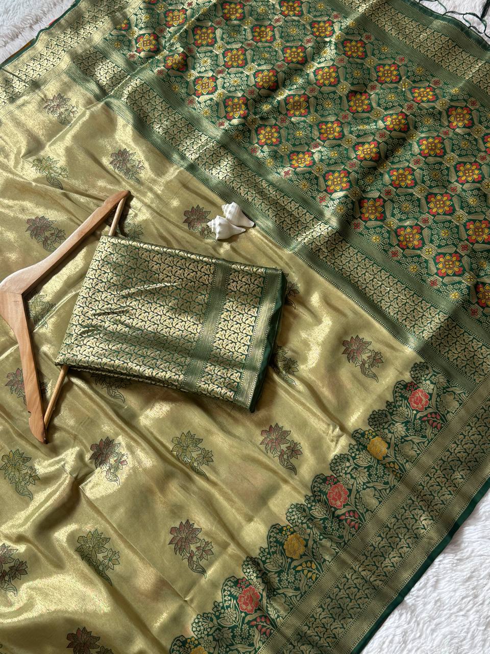 Antique Gold Olive Luxury Silk Saree with Emerald Green Banarasi Border & Grand Geometric Pallu