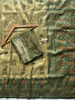 Antique Gold Olive Luxury Silk Saree with Emerald Green Banarasi Border & Grand Geometric Pallu
