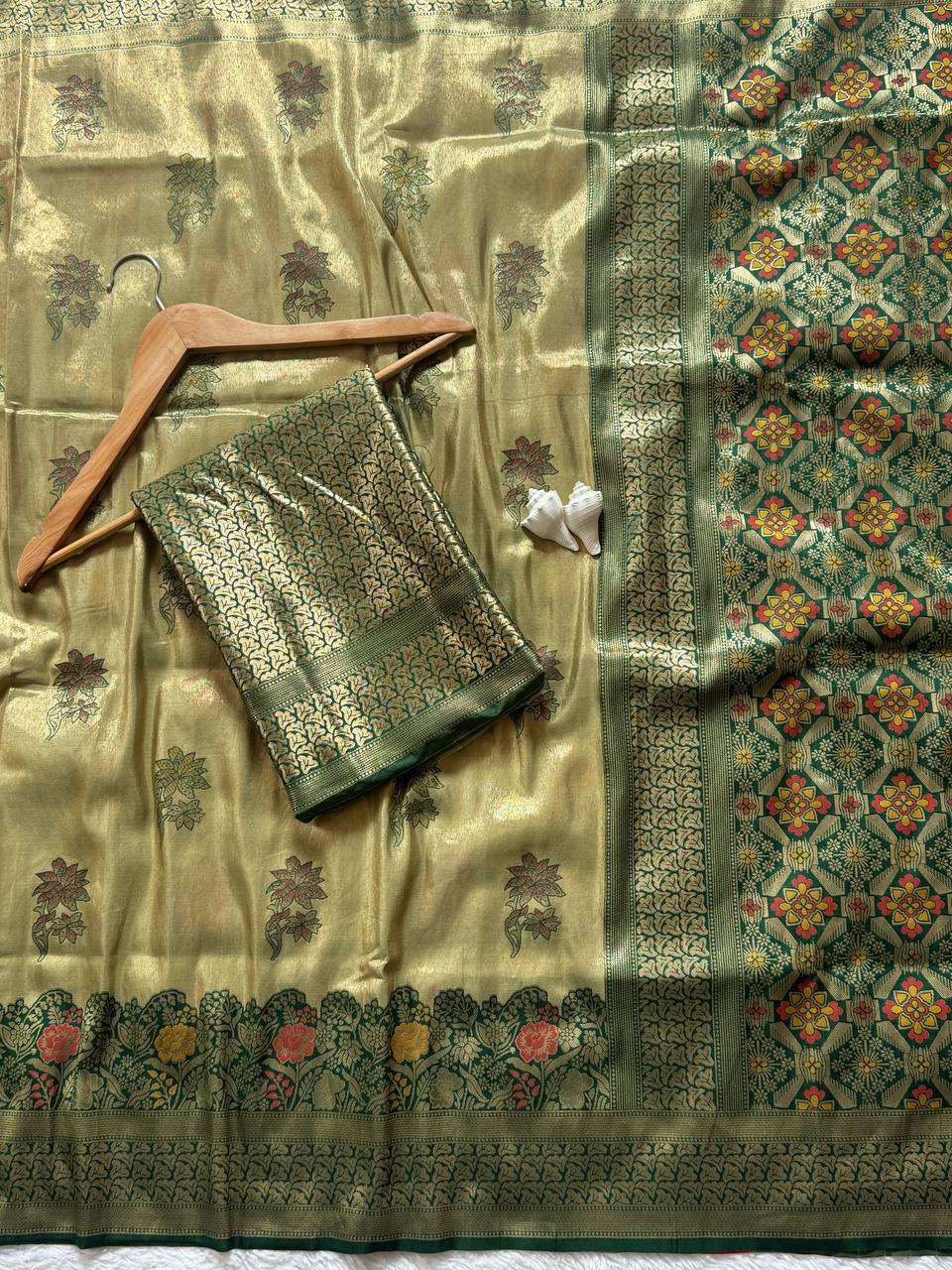 Antique Gold Olive Luxury Silk Saree with Emerald Green Banarasi Border & Grand Geometric Pallu