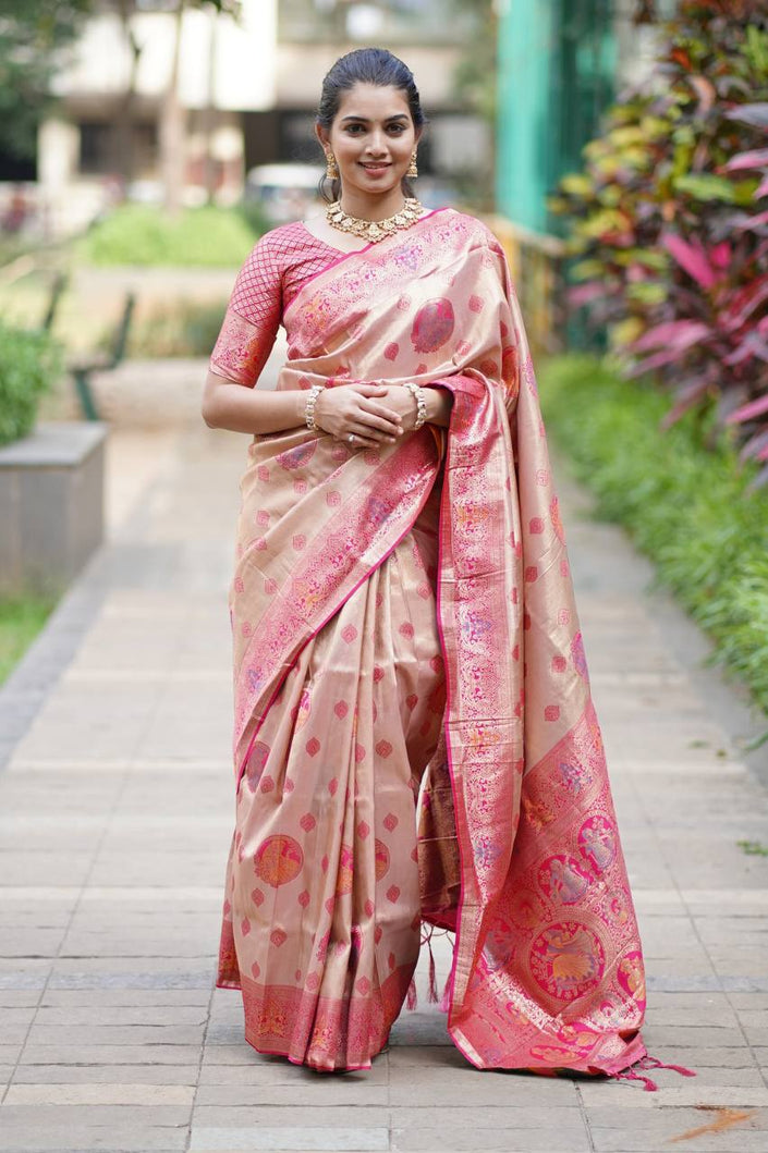 Antique Gold Luxury Silk Saree with Rani Pink Banarasi Peacock Pallu & Royal Zari Motifs