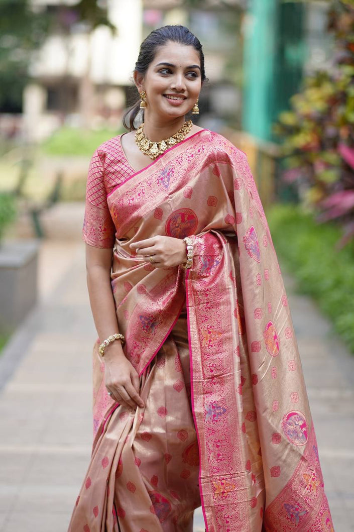 Antique Gold Luxury Silk Saree with Rani Pink Banarasi Peacock Pallu & Royal Zari Motifs