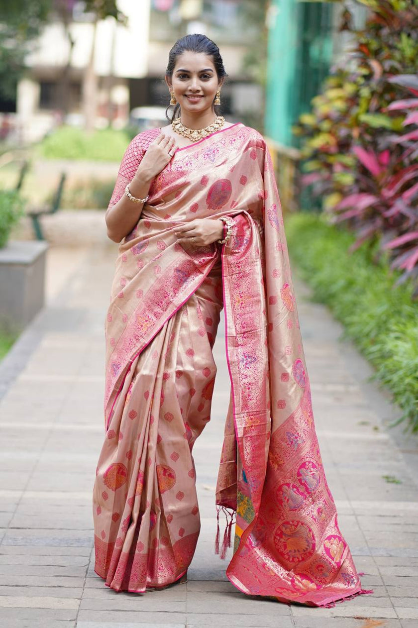Antique Gold Luxury Silk Saree with Rani Pink Banarasi Peacock Pallu & Royal Zari Motifs